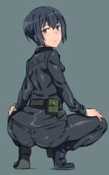 1girls ass belt black_eyes black_hair boots dark_background em_(totsuzen_no_hakike) emotionless expressionless female female_only female_protagonist hands_on_own_legs kino kino_no_tabi light_blush looking_at_viewer looking_back_at_viewer pantylines pouch shiny_clothes shiny_hair simple_background small_breasts solo spread_legs squatting tight_clothing tight_fit tight_pants tomboy very_short_hair viewed_from_behind