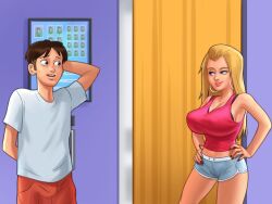 1boy 1girls 2d arm_behind_head big_breasts blonde_hair blonde_hair blue_eyes bottomwear bra breasts brown_hair cleavage clothed clothing darkcookie digital_drawing_(artwork) digital_media_(artwork) duo ear_piercing earrings female hand_on_waist hands_on_waist light-skinned_female light-skinned_male light_skin long_hair looking_at_another looking_at_partner main_character_(summertime_saga) male male/female nervous nervous_smile photobooth piercing piercings roxxy_(summertime_saga) shirt shorts standing summertime_saga tank_top topwear