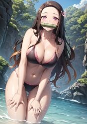 adult_swim ai_generated beach bikini bikini_top boobs breasts demon_slayer kamado_nezuko kimetsu_no_yaiba looking_at_viewer nezuko_kamado on_water pink_eyes spitting spread_arms stable_diffusion toonami