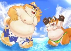 2023 anthro belly big_belly bottomwear bulge canid canine canis clothing cloud detailed_background domestic_dog duo fox hi_res humanoid_hands iyo_(tamacolle) kemono male mammal moobs musashi_(tamacolle) navel nipples orange_body outside overweight overweight_male shorts swimwear tamacolle water yamacon0105