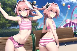 2boys ai_generated amusement_park ass astolfo_(fate) balloons bench bulge choker crop_top fate/apocrypha fate/grand_order fate_(series) femboy girly novelai pink_eyes pink_hair rainbow smile striped_panties