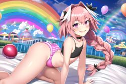 ai_generated all_fours amusement_park astolfo_(fate) balloons bed big_ass braid choker crop_top fate/apocrypha fate/grand_order fate_(series) femboy girly panties pink_eyes pink_hair smile striped