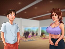 1boy 1girls 2d ass athletic athletic_female background_characters bending_forward bending_over bent_over big_breasts blush blush bottomwear breasts brown_hair cameltoe cleavage clothed clothing darkcookie digital_drawing_(artwork) digital_media_(artwork) duo embarrassed female female_focus freckles freckles_on_face green_eyes hairband leaning leaning_forward light-skinned_female light-skinned_male light_skin looking_at_another looking_at_partner looking_back main_character_(summertime_saga) male male/female pants red_hair red_hair shirt shorts standing summertime_saga tammy_johnson_(summertime_saga) tank_top topwear yoga yoga_pants