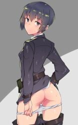 1girls ass belt black_eyes black_hair black_pants em_(totsuzen_no_hakike) emotionless expressionless female female_only female_protagonist kino kino_no_tabi legs light_blush lingerie looking_at_viewer looking_back_at_viewer pants_down pouch presenting presenting_ass presenting_hindquarters presenting_to_viewer pussy shiny_clothes shiny_hair shiny_skin short_hair simple_background small_ass small_breasts solo sweat thighs tight_clothing tight_fit tomboy very_short_hair viewed_from_behind white_panties white_underwear