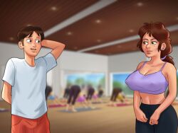 1boy 1girls 2d arms_behind_head ass athletic athletic_female background_characters bending_forward bending_over bent_over big_breasts bottomwear breasts brown_hair cameltoe cleavage clothed clothing darkcookie digital_drawing_(artwork) digital_media_(artwork) duo embarrassed female female_focus freckles freckles_on_face green_eyes hairband leaning leaning_forward light-skinned_female light-skinned_male light_skin looking_at_another looking_at_partner looking_back main_character_(summertime_saga) male male/female pants red_hair red_hair shirt shorts standing summertime_saga tammy_johnson_(summertime_saga) tank_top topwear yoga yoga_pants