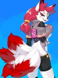 2023 anthro breasts canid canine clothed clothing epic_games female fortnite fox fur hi_res kame_3 kimiko_(fortnite) looking_at_viewer looking_back looking_back_at_viewer mammal nipples pink_eyes solo white_body white_fur