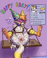 albafox andromorph anthro anus birthday birthday_hat blindfold blush bodily_fluids body_blush body_writing bound canid canine cum cum_drip cum_in_mouth cum_in_pussy cum_inside cum_on_face cuntboy dripping excessive_cum excessive_genital_fluids female fox gag genital_fluids genitals hi_res intersex mammal mr.albafox public public_exposure public_use pussy pussy_blush solo spread_legs spread_pussy spreading tally_marks