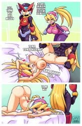 1boy 1boy1girl 1girls ahe_gao ass ass_up bent_over big_breasts blonde_hair ciel_(mega_man) comic_page cum female ichduhernz large_breasts light-skinned_female light-skinned_male long_hair male mega_man mega_man_x_dive mega_man_zero missionary_position robot spanish_text vaginal_penetration very_long_hair zero_(mega_man)