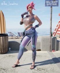 1girls 3d alternate_version_available areolae beach beach_chair blender blurry blurry_background bottomwear breasts chair clothed clothing cloud clouds detailed_background epic_games female female_focus female_only flip_flops fortnite gloves half-dressed half_naked hand_on_waist handwear highres jacket leggings lewdrex looking_at_viewer medium_breasts nipples nipples_visible_through_clothing ocean ocean_(fortnite) outdoors outside pants pink_hair pose posing presenting presenting_breasts sand sandals see-through see-through_clothing see-through_top shadow sky solo solo_focus standing sun sunlight topwear watermark