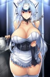 1girls android android_girl apron blue_hair bondage breasts chain_leash collar fingerless_gloves gloves kora-kora kos-mos large_breasts leash long_hair looking_at_viewer maid maid_apron maid_headdress maid_uniform red_eyes robot robot_girl tea_pot thighhighs xenosaga