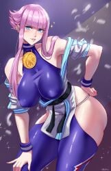 bare_shoulders blue_eyes blush breasts female flipped_hair hip_vent large_breasts leaning_forward looking_at_viewer manon_legrand martial_arts_belt medallion off_shoulder pink_hair short_hair_with_long_locks sidelocks solo street_fighter street_fighter_6 ultrabinou wristband