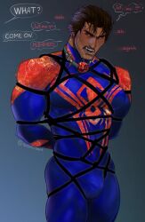 bara bondage bulge bulge_through_clothing fangs flaccid male male_focus male_only marvel miguel_o'hara muscular solo solo_male spider-man spider-man:_across_the_spider-verse taous_dark thick thighs tied_up