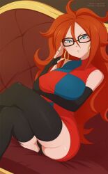 1girls 2d adjusting_glasses android_21 android_21_(human) artist_name ass bare_shoulders black-framed_glasses black_legwear black_nails black_panties blue_eyes blush breast_hold breasts brown_hair busty closed_mouth couch dragon_ball dragon_ball_fighterz dress earrings elbow_gloves erect_nipples female female_only fingerless_gloves glasses gloves gynoid highres hoop_earrings hourglass_figure large_breasts legs legs_crossed light-skinned_female light_skin long_hair looking_at_viewer merunyaa nail_polish pale-skinned_female pale_skin panties red_hair shounen_jump simple_background sitting solo thighhighs thighs uncensored upskirt voluptuous vomi_(dragon_ball) watermark