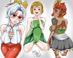 3girls big_breasts black_body blonde_hair bra brown_skin dress feet gerudo huge_ass huge_breasts hylian jewelry latex latex_thighhighs multiple_girls nintendo princess_zelda purah purah_(tears_of_the_kingdom) red_eyes red_hair riju sheikah short_hair skirt tears_of_the_kingdom the_legend_of_zelda weab00mer white_background white_hair zelda_(tears_of_the_kingdom)