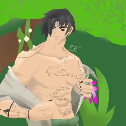 black_hair black_nail_polish brown_eyes ear_piercing fortnite fortnite:_battle_royale gay green_background green_pants grey_shirt lorenzo_(fortnite) male male_only pecs pectorals tan_skin tattoo tattoo_on_arm tattoo_on_belly tattoo_on_chest tattoo_on_neck tattooed_arm tattoos undressing