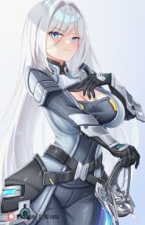 1girls armor black_gloves blue_eyes blush breast_tattoo breasts busty cleavage curvy ethel_(xenoblade) female female_only gloves hand_on_breast hand_on_chest highres holding_object holding_sword holding_weapon hourglass_figure large_breasts long_hair looking_at_viewer monolith_soft nintendo rapier shoulder_pads silver_armor silver_hair sword tattoo thick_thighs thighs very_long_hair voluptuous weapon wide_hips xenoblade_(series) xenoblade_chronicles_3 z-ki