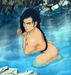 1girls accurate_art_style anaxus angry angry_face ass avatar_legends covering_breasts earth_kingdom female in_water kuvira muscular_female naked nude nude_female on_knees solo solo_female the_legend_of_korra water