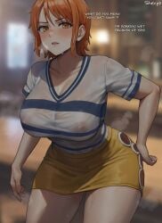 1girls big_ass big_breasts breasts curvaceous curvy english english_text female female_only huge_ass huge_breasts large_ass large_breasts light-skinned_female nami nipples_visible_through_clothing one_piece orange_eyes orange_hair pre-timeskip see-through_clothing shexyo short_hair skirt text thick_thighs thighs wet wet_shirt wide_hips