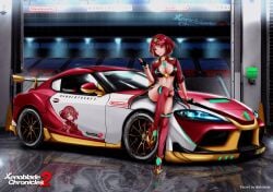 1girls bra breasts car core_crystal cropped_jacket earrings fingerless_gloves garage gloves high_heels highleg highleg_panties jacket large_breasts looking_at_viewer midriff navel nintendo panties pyra race_car race_queen red_bra red_eyes red_hair red_jacket red_panties red_shorts short_hair short_shorts shorts thighhighs tiara vhayste xenoblade_(series) xenoblade_chronicles_2