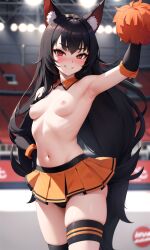 ai-chan42069 ai_generated black_hair blush cat_ears cheerleader collar long_hair miniskirt panties pom_pom_(cheerleading) red_eyes small_breasts smiling stable_diffusion stadium