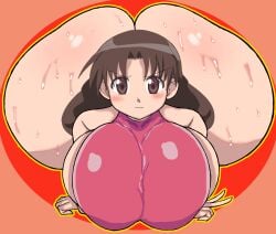 1girls ass azumanga_daiou big_ass blush breasts brown_eyes brown_hair edit furrowed_brow gigantic_ass highres huge_ass huge_breasts peace_sign please_look_forward_to_it solo sweat swimsuit tagme thanuki thanukiart wet wet_skin yukari_tanizaki