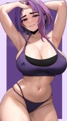 1girls armpits arms_behind_head breasts bursting_breasts curvy edmun female hips huge_breasts kaina_tsutsumi lady_nagant light-skinned_female light_skin medium_hair my_hero_academia naughty_face navel pose posing purple_eyes purple_hair sensual sexy_armpits smile sports_bra sportswear thick_thighs thighs thong tsutsumi_kaina wide_hips