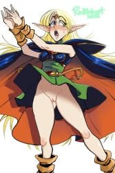 belly_button blonde_hair bottomless cape deedlit pointy_ears pussy radlionheart record_of_lodoss_war skirt_up upskirt white_panties