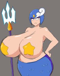 1girls alternate_breast_size annoyed big_breasts breasts_bigger_than_head covered_nipples female huge_breasts hyper_breasts mega_man mega_man(classic) mermaid momiji_(artist) pasties solo splash_woman star_pasties tagme topless topless_female trident