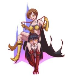 2girls all_fours amagi_yukiko atlus black_hair bondage bra breasts breath breath_cloud brown_hair cape collar dominatrix elbow_gloves femdom femsub gloves glowing_eyes hairband high_heel_boots holding_whip human_furniture leebigtree long_hair looking_at_viewer medium_breasts midriff multiple_girls navel persona persona_4 pet_play petplay red_bra satonaka_chie sega shadow_(persona) shadow_chie shadow_self_(persona) short_hair sitting sitting_on_person sitting_on_sub slave sweating whip yellow_bra yellow_eyes yuri