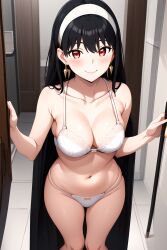 ai_generated bangs bare_shoulders black_hair blush bow_panties bra breasts cleavage closed_mouth collarbone cross_earrings door earrings female hairband jewelry lace lace_trim large_breasts long_hair looking_at_viewer navel open_door panties smile solo solo_female spy_x_family stable_diffusion standing stomach thighs underwear very_long_hair white_bra white_panties yor_briar