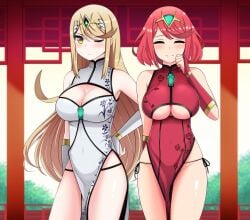 2girls blonde_hair breasts china_dress chinese_clothes closed_eyes clothing_cutout core_crystal covered_navel dress fingerless_gloves gloves hand_on_hip happy happy_female large_breasts long_hair looking_at_viewer mythra nintendo one_eye_closed panties pyra red_dress red_hair short_hair side-tie_panties the_only_shoe tiara underboob white_dress xenoblade_(series) xenoblade_chronicles_2 yellow_eyes