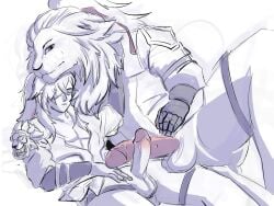 4:3 anthro armor balls big_penis clothed clothing duo erection felid fur furry_fresher genitals hair half_naked hi_res honkai:_star_rail honkai_(series) human humanoid_genitalia humanoid_penis jing_yuan line_art lion male male/male mammal mihoyo mimi muscular muscular_male pantherine penis presenting presenting_balls presenting_penis samurai simple_background size_difference warrior yaoi