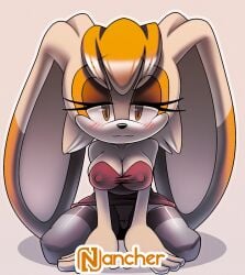 blush breasts cameltoe cleavage clothing female kneeling lagomorph looking_at_viewer milf nancher nipple_bulge orange_fur panties pantyshot rabbit seductive solo sonic_(series) sonic_the_hedgehog_(series) stockings tan_body tan_fur two_tone_body vanilla_the_rabbit