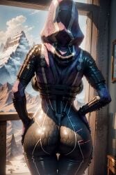 ai_generated alien_girl ass_focus backboob big_ass bodysuit cameltoe dat_ass hands_on_hips huge_ass infinitetali looking_away looking_out_window mass_effect massive_ass mountain outdoors quarian solo_female standing tali'zorah_nar_rayya thigh_gap