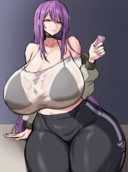 1girls big_breasts bra breasts choker clothed condom condom_in_hand female huge_breasts huge_thighs leggings light-skinned_female light_skin long_hair looking_at_viewer massive_breasts purple_eyes purple_hair see-through see-through_clothing smile thick_thighs tiger_drop tight_clothing unopened_condom_wrapper voluptuous wide_hips yoga_pants