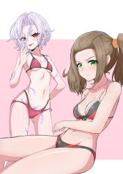 2girls belly bikini blush body_markings breasts brown_hair cleavage consul_x_(xenoblade) green_eyes kamidan looking_at_viewer multiple_girls navel purple_hair red_eyes shania_(xenoblade) short_hair small_breasts swimsuit tongue tongue_out twintails xenoblade_(series) xenoblade_chronicles_3