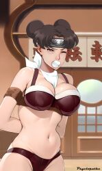 1girls arms_behind_head bangs big_breasts blush bondage breasts busty cleavage double_bun embarrassed female female_only fetish gag hair_bun headband kerchief konohagakure_symbol kunoichi mouth_gag naruto naruto_(series) naruto_shippuden neckerchief ninja one_eye_closed psyclopathe rope rope_bondage slightly_chubby solo solo_focus tenten tied_hair tied_up twin_buns upper_body