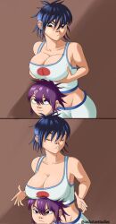 2girls annoyed athletic_shorts big_breasts clothing cockstar_studios crop_top cyborg_noodle dolphin_shorts female female_only femdom funny gorillaz holding_breast human multiple_girls noodle_(gorillaz) noodle_(pac-man) pale_skin shorts sportswear