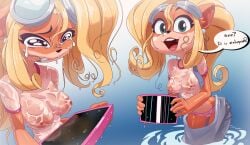 1girls activision anthro bandicoot big_breasts blonde_hair breasts clothing coco_bandicoot computer crash_(series) crying electronics eyewear female female_only green_eyes hand_on_hip inker_comics inkershike looking_at_viewer nipples overalls panties ponytail see-through solo tablet thick_thighs wet wet_clothes wide_hips