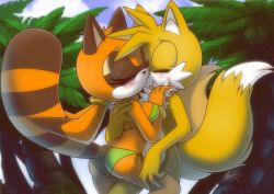 2013 aged_up anthro ass bikini blush breasts brown_body brown_fur canid canine canis duo fox kissing male/female marine_the_raccoon miles_prower nancher procyonid raccoon sega skimpy sonic_(series) sonic_the_hedgehog_(series) swimsuit tails tails_the_fox two_tone_body white_fur yellow_body yellow_fur