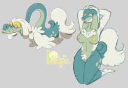 anthro bittervow breasts drampa feet female fluffy fluffy_tail generation_7_pokemon genitals green_body green_skin hair kneeling nintendo nipples nude pink_eyes pokemon pokemon_(species) pubes pussy smile solo tail tongue tongue_out white_body white_hair white_skin yellow_nipples