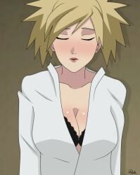 1girls agung911 bra bra_visible_through_clothes closed_eyes clothed clothing female female_only fully_clothed naruto naruto_(series) solo solo_female temari unbuttoned_shirt