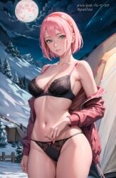 1girls ai_generated barely_clothed blush boruto:_naruto_next_generations bra camp curvaceous female female_only full_moon green_eyes haruno_sakura jacket jordan53 long_hair looking_at_viewer mature mature_female midriff milf moon nai_diffusion naruto naruto_(series) outdoors pak-fa-t-50 panties petite pink_hair pinup sakura_haruno snowing stable_diffusion tent underwear watermark