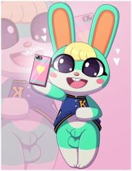 animal_crossing animal_genitalia anthro balls blonde_hair blush clothed clothing clothing_lift english_text genitals green_body green_sheath hair heart jomokin lagomorph leporid male mammal nintendo open_mouth orange_nose paws phone rabbit rabbit_ears sasha_(animal_crossing) selfie sheath solo text