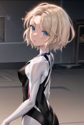 ai_generated animification ass bangs blonde_hair blue_eyes bodysuit breasts edosynf female from_side gwen_stacy highres hooded_bodysuit looking_at_viewer looking_back marvel marvel_comics medium_breasts short_hair skin_tight solo spider-gwen spider-man:_across_the_spider-verse spider-man:_into_the_spider-verse spider-man_(series)