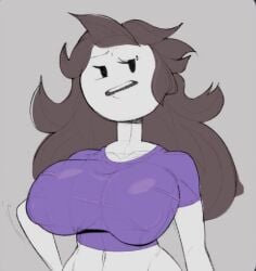 1girls big_breasts breasts brown_hair clothing crop_top eyelashes female female_only jaiden jaiden_animations long_hair midriff mob_face nipple_bulge purple_shirt smug solo solo_female tagme theatneg youtube