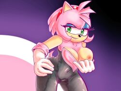 amy_rose amy_the_bat big_breasts bodysuit breasts eyeshadow gloves large_breasts nes_pandansfw one_breast_out pulling_clothing rouge_the_bat_(cosplay) sega sonic_(series) tongue_out