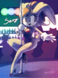 2012 aged_up anthro breasts bunny_costume bunnysuit clothed clothing cream_the_rabbit female high_heels lagomorph leotard nancher orange_hair plantigrade playboy_bunny rabbit sega sonic_(series) sonic_the_hedgehog_(series) stripper stripper_pole tan_body tan_fur text two_tone_body