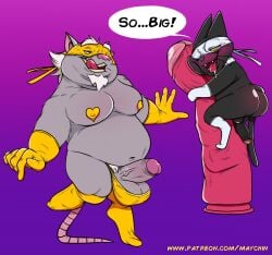 anthro ass balls belly black_body black_fur cartoon_network clothing domestic_cat duo elder elderly_anthro elderly_male erection felid feline felis fur genitals gloves handwear hi_res male male/male male_only mammal mao_mao:_heroes_of_pure_heart mask master_splinter mature_male maychin murid murine navel old oversized_dildo overweight pasties penis pubes rat rise_of_the_teenage_mutant_ninja_turtles rodent shin_mao teenage_mutant_ninja_turtles text thong underwear url yellow_eyes