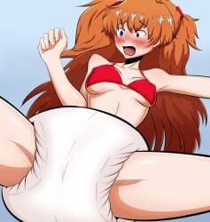 1girls 2d 2d_(artwork) asuka_langley_sohryu belly_button bikini_top blush blush_lines blushing bra breasts diaper embarrassed neon_genesis_evangelion nipple_bulge shocked shocked_expression simple_background solo souryuu_asuka_langley xjio